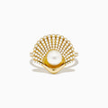 The 14K Yellow Gold Cultured Pearl and Diamond Shell Ring showcases a fan-shaped design with sparkling diamonds and a large white cultured pearl at the center, resembling an elegant diamond shell.