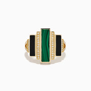 14K Yellow Gold Malachite, Onyx and Diamond Art Deco Geometric Ring