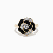The Eclipse 14K Yellow Gold Onyx and Diamond Flower Ring showcases black onyx enamel petals and white diamonds at the center and on select petals, displayed on a plain white background.