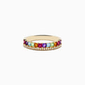 The Mosaic 14K Yellow Gold Multi Stone and Diamond Ring features a row of vibrant square gemstones in purple, yellow, green, blue, pink, and red set above a sparkling line of white diamonds.