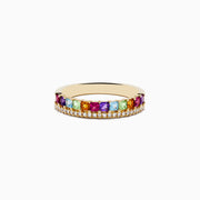 The Mosaic 14K Yellow Gold Multi Stone and Diamond Ring features a row of vibrant square gemstones in purple, yellow, green, blue, pink, and red set above a sparkling line of white diamonds.