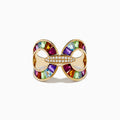 The Mosaic 14K Yellow Gold Semi Precious and Diamond Ring features curved cutouts, vibrant rectangular gemstones around the edges, and a central oval area encrusted with small clear diamonds.