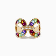 The Mosaic 14K Yellow Gold Semi Precious and Diamond Ring features curved cutouts, vibrant rectangular gemstones around the edges, and a central oval area encrusted with small clear diamonds.