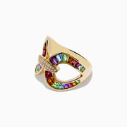 The Mosaic 14K Yellow Gold Semi Precious and Diamond Ring features curved cutouts, vibrant rectangular gemstones around the edges, and a central oval area encrusted with small clear diamonds.