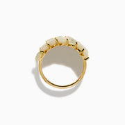 The 14K Yellow Gold Opal and Diamond Wide Band Ring features two marquise-cut opal rows framing a diamond-encrusted center, creating a dazzling, sophisticated look from every angle.