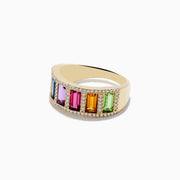 The Mosaic 14K Yellow Gold Multi Gemstone and Diamond Ring showcases six rectangular gems in blue, light blue, purple, pink, orange, and green shades, each framed by sparkling diamonds.