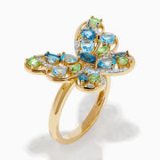 14K Yellow Gold Blue Topaz, Peridot and Diamond Butterfly Ring