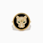 The Signature 14K Yellow Gold Black Onyx, Diamond and Emerald Panther Ring features a sculpted panther head with green emerald eyes and diamond accents set on black onyx with a beaded gold border.