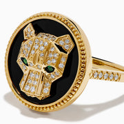 The Signature 14K Yellow Gold Black Onyx, Diamond and Emerald Panther Ring features a sculpted panther head with green emerald eyes and diamond accents set on black onyx with a beaded gold border.