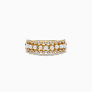 The 14K Yellow Gold Pearl and Diamond Ring features a center row of lustrous pearls bordered by two rows of sparkling diamonds.