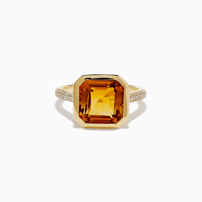The Sunset 14K Yellow Gold Citrine and Diamond Ring showcases a large square-cut citrine center and small diamonds along the band, displayed on a plain white background.