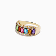 The Mosaic 14K Yellow Gold Multi Gemstone and Diamond Ring showcases a row of rectangular, multicolored gemstones bordered by sparkling diamonds, all set in polished yellow gold.