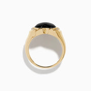 The 14K Yellow Gold Onyx and Diamond Heart Ring features a heart-shaped black onyx centerpiece bordered by sparkling diamonds, creating a romantic and elegant look.