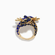 The Safari 14K Yellow Gold Diamond, Lapis and Sapphire Dragon Ring, shaped as a dragon’s head and body, features blue enamel scales and sparkling gemstones, evoking the fierce beauty of a sapphire dragon ring on a white background.
