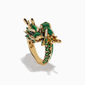 The 14K Yellow Gold Malachite Tsavorite and Diamond Dragon Ring features a coiled dragon adorned with malachite, green tsavorites, black gemstones, and small white diamonds, shown on a plain white background.