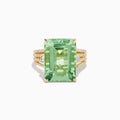 The 14K Yellow Gold Green Amethyst and Diamond Ring showcases a large rectangular green amethyst at the center, with smaller diamonds on the sides and pave-set diamond accents along the band.
