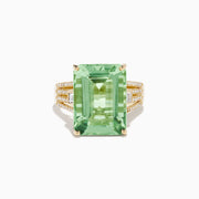 The 14K Yellow Gold Green Amethyst and Diamond Ring showcases a large rectangular green amethyst at the center, with smaller diamonds on the sides and pave-set diamond accents along the band.