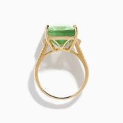 The 14K Yellow Gold Green Amethyst and Diamond Ring showcases a large rectangular green amethyst at the center, with smaller diamonds on the sides and pave-set diamond accents along the band.