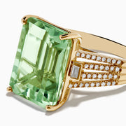 The 14K Yellow Gold Green Amethyst and Diamond Ring showcases a large rectangular green amethyst at the center, with smaller diamonds on the sides and pave-set diamond accents along the band.