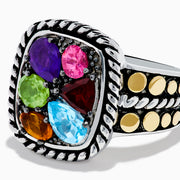 The Mosaic 925 Sterling Silver and 18K Yellow Gold Multi Color Ring features a rectangular face with five colorful gemstones, a textured rope border, and gold-toned circle accents for a bold, striking design.