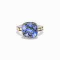 The 925 Sterling Silver and 18K Yellow Gold Tanzanite Ring features intricate rope detailing and a cluster of five marquise and oval blue gemstones, highlighted by yellow gold accents along the band.
