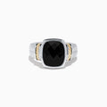 The 925 Sterling Silver and 14K Yellow Gold Onyx Ring showcases a large square-cut black onyx centerpiece, accented with yellow gold details on both sides of the band, displayed against a plain white background.