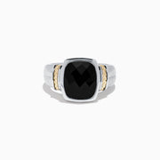 The 925 Sterling Silver and 14K Yellow Gold Onyx Ring showcases a large square-cut black onyx centerpiece, accented with yellow gold details on both sides of the band, displayed against a plain white background.