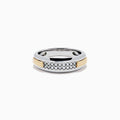 The Men's 925 Sterling Silver 14K Yellow Gold Diamond Band features a polished silver band with rows of small center-set diamonds and 14K yellow gold accents on the sides.