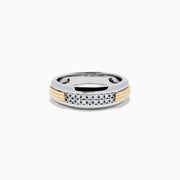 The Men's 925 Sterling Silver 14K Yellow Gold Diamond Band features a polished silver band with rows of small center-set diamonds and 14K yellow gold accents on the sides.