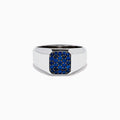 The Men's 925 Sterling Silver Blue Sapphire Signet-style Ring features a rectangular face adorned with small round blue sapphires in a grid pattern, shown on a white background.