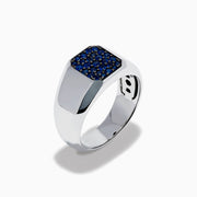 The Men's 925 Sterling Silver Blue Sapphire Signet-style Ring features a rectangular face adorned with small round blue sapphires in a grid pattern, shown on a white background.