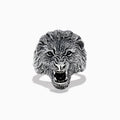 The Mens 925 Sterling Silver Lion Ring features a detailed, roaring lions head design and is displayed against a plain white background.