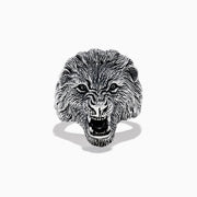 The Mens 925 Sterling Silver Lion Ring features a detailed, roaring lions head design and is displayed against a plain white background.