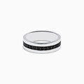 The Mens 925 Sterling Silver Black Sapphire Ring features a central row of small, round black sapphire stones and is displayed against a plain white background.