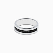 The Mens 925 Sterling Silver Black Sapphire Ring features a central row of small, round black sapphire stones and is displayed against a plain white background.