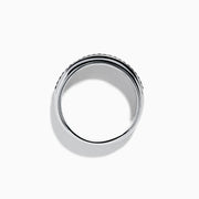 The Mens 925 Sterling Silver Black Sapphire Band Ring features a wide sterling silver band with a central row of black sapphires, creating an elegant mens ring displayed against a plain white background.
