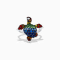 The 925 Seaside Sterling Silver Multi Sapphires Turtle Ring features a turtle design with blue, green, red, yellow, orange, and black sapphires on its shell, head, and flippers for a vibrant look.