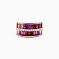 The Mosaic 14K Rose Gold Multi Gemstone and Diamond Band Ring features two rows of purple, pink, and red gemstones separated by sparkling white diamonds, shown on a white background.