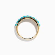 The 14K Yellow Gold Turquoise and Diamond Wedding Band showcases a central row of turquoise beads bordered by sparkling white diamonds, photographed on a white background.
