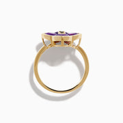 The 14K Yellow Gold Amethyst and Diamond Ring showcases a flower motif with four amethyst petals and a central round diamond, set against a white background.