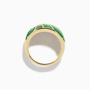 The 14K Yellow Gold Malachite and Diamond Inlay Ring showcases a bold green malachite leaf design accented by sparkling white diamonds, all set against a white background.