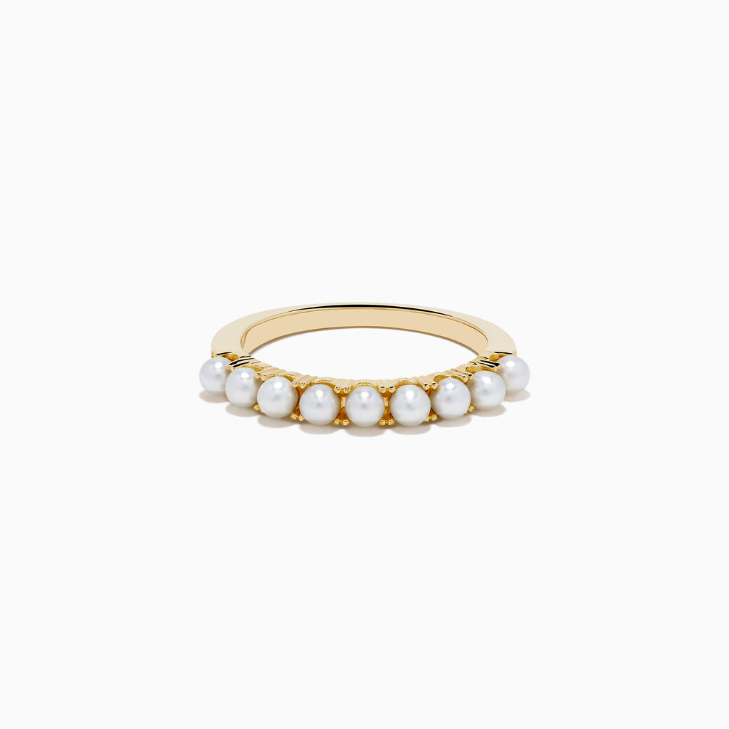 The 14K Yellow Gold Cultured Fresh Water Pearl Band features a row of small, round cultured freshwater pearls set along the top and is shown on a white background.