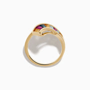 The Mosaic 14K Yellow Gold Multi Color Gemstone and Diamond Bypass Ring features asymmetrical arms set with white diamonds and rectangular multi color gemstones, shown on a white background.
