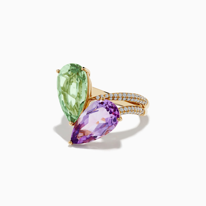 The 14K Gold Diamond, Pink and Green Amethyst Toi Et Moi Ring features two large teardrop-shaped gemstones—light green amethyst and pink amethyst—set side by side on a diamond-accented band.