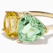 14K Yellow Gold Green Amethyst and Lemon Quartz Two-Stone Ring