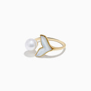 The 14K Yellow Gold Fresh Water Pearl and Mother Of Pearl Ring features a round freshwater pearl and a whale tail-shaped mother-of-pearl inlay, shown against a white background.