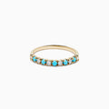 The 14K Yellow Gold Turquoise and Diamond Band features alternating small turquoise stones and white diamonds set in a row on the front half of the band, shown on a white background—a striking turquoise ring with diamond accents.