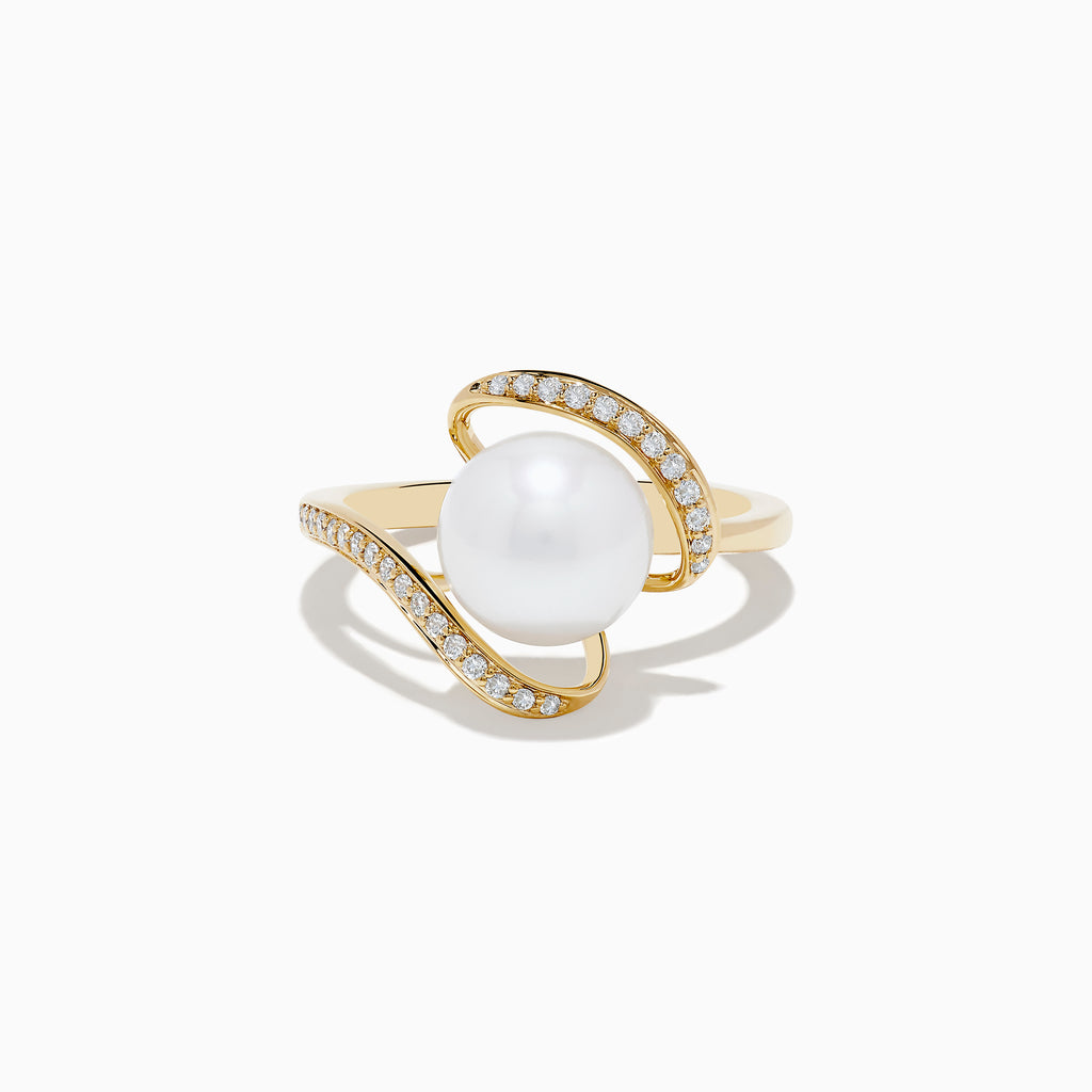 The Pearl 14K Yellow Gold Pearl and Diamond Ribbon Ring showcases a central white pearl highlighted by two curved, diamond-studded gold bands for a graceful, sparkling look.