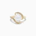 The Pearl 14K Yellow Gold Pearl and Diamond Ribbon Ring showcases a central white pearl highlighted by two curved, diamond-studded gold bands for a graceful, sparkling look.