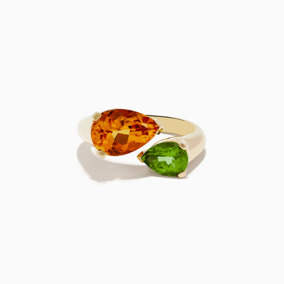 The 14k Yellow Gold Citrine and Peridot Toi Et Moi Ring features two large pear-shaped gemstones—vivid citrine and vibrant peridot—set side by side with open ends.